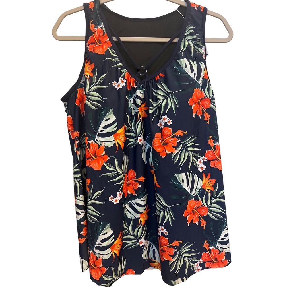 Summer Mae Womens Plus Size 16 Tropical Floral Tankini Swim Top Navy Blue Orange